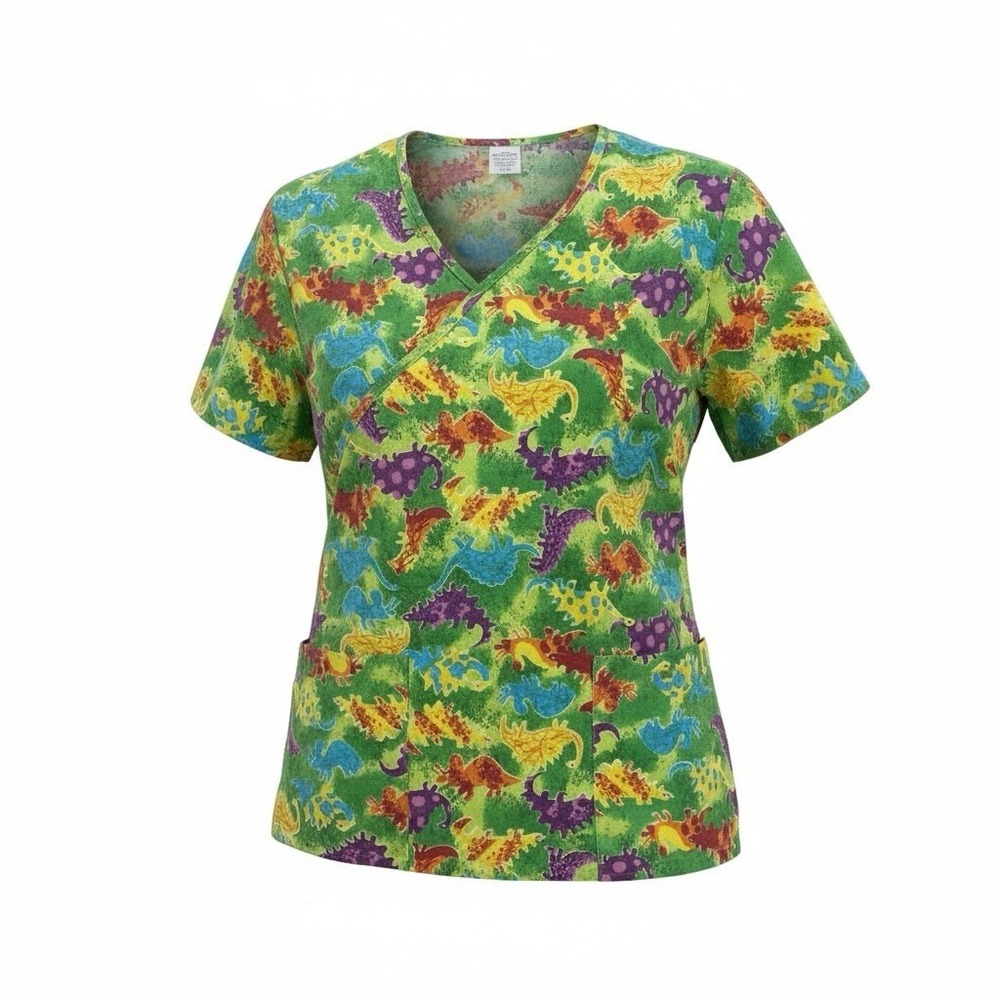 Elsie Of Miami Womens Mock Wrap Scrub Top Size Small Vibrant Dinosaur Design New